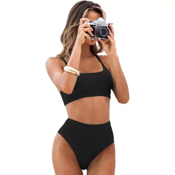 imageCUPSHE Womens Bikini Sets Two Piece Bathing Suit High Waisted Ribbed Texture Widen TrimBlack