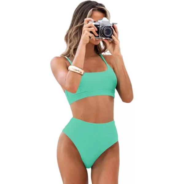 imageCUPSHE Womens Bikini Sets Two Piece Bathing Suit High Waisted Ribbed Texture Widen TrimMint Green