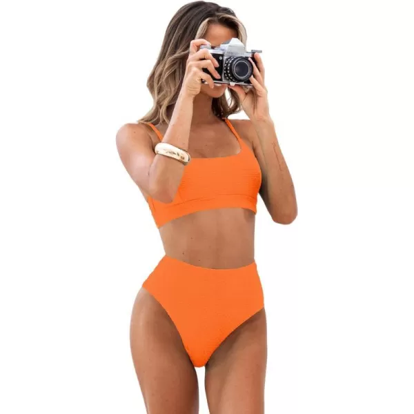 imageCUPSHE Womens Bikini Sets Two Piece Bathing Suit High Waisted Ribbed Texture Widen TrimOrange