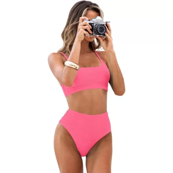 imageCUPSHE Womens Bikini Sets Two Piece Bathing Suit High Waisted Ribbed Texture Widen TrimPink