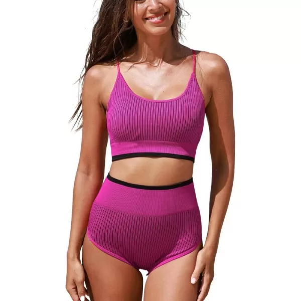 imageCUPSHE Womens Bikini Sets Two Piece Bathing Suit High Waisted Scoop Neck Back Strappy Bikini ShortsMagentaBlack