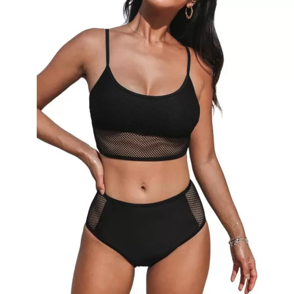 imageCUPSHE Womens Bikini Sets Two Piece Bathing Suit High Waisted Scoop Neck Mesh Cutout Full Coverage Spaghetti StrapsBlack