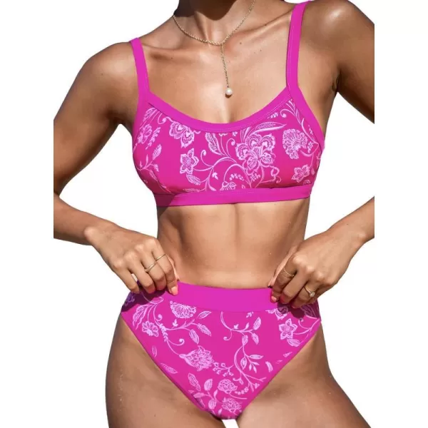 imageCUPSHE Womens Bikini Sets Two Piece Bathing Suit High Waisted Scoop Neck Wide Adjustable Straps Back HookFuchsia PinkFloral