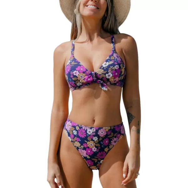 imageCUPSHE Womens Bikini Sets Two Piece Bathing Suit High Waisted V Neck Bunny Tie Adjustable Straps CheekyNavy BluePurple Floral
