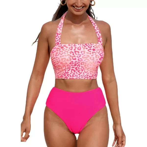 imageCUPSHE Womens Bikini Sets Two Piece Bathing Suit Square Neck Halter Adjustable Straps Reversible High Waisted LeopardPink Leopard