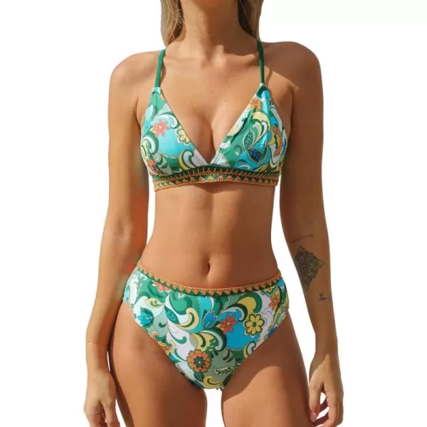 imageCUPSHE Womens Bikini Sets Two Piece Bathing Suit V Neck Cross Back Adjustable Straps Mid Rised BottomGreen Floral