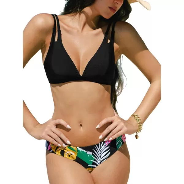 imageCUPSHE Womens Bikini Sets Two Piece Bathing Suit V Neck Double Straps Mid Rise Back Hook Reversible BottomBlackTropical