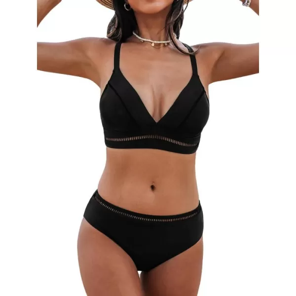 imageCUPSHE Womens Bikini Sets Two Piece Bathing Suit V Neck Wide Adjustable Straps Mid Rise CutoutBlack