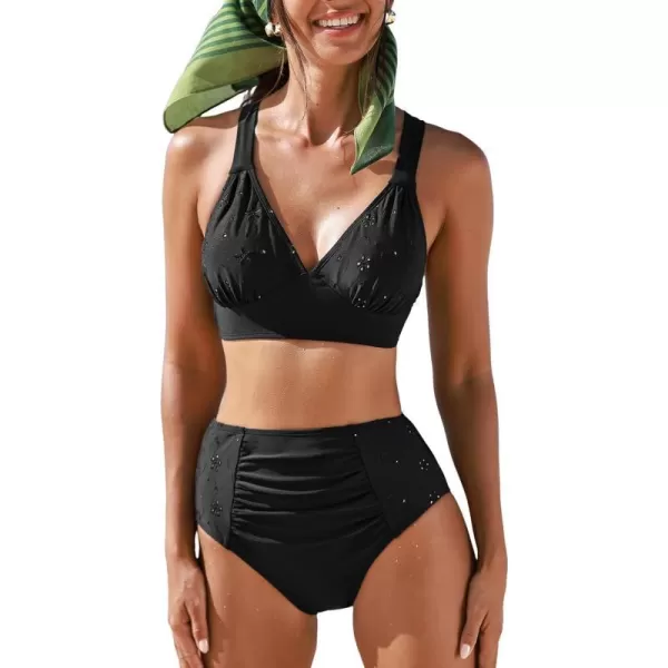 imageCUPSHE Womens Bikini Sets Two Piece Bathing Suits V Neck Hollow Out Ruched Mid Rise SwimwearBlack