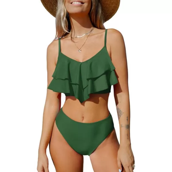 imageCUPSHE Womens Bikini Sets Two Piece High Waisted Swimsuit Tiered Ruffled SwimwearArmy Green