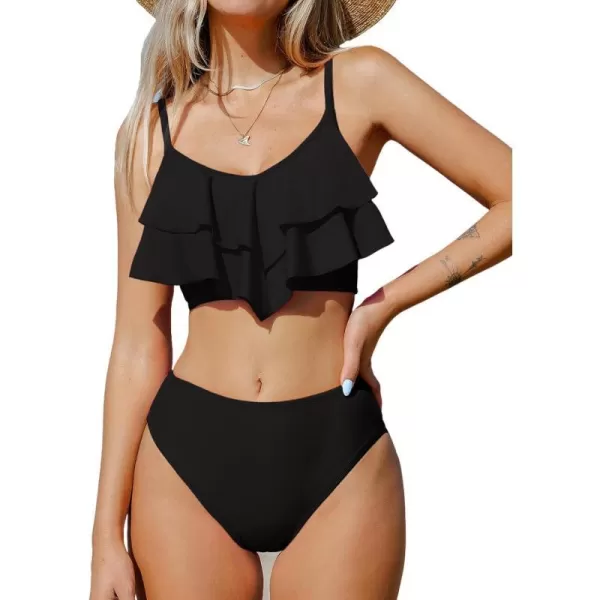 imageCUPSHE Womens Bikini Sets Two Piece High Waisted Swimsuit Tiered Ruffled SwimwearBlack