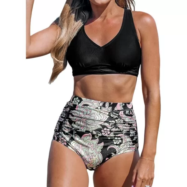 imageCUPSHE Womens Bikini Sets Two Piece High Waisted V Neck Crisscross Back Adjustable Straps Ruched Bathing SuitBlack