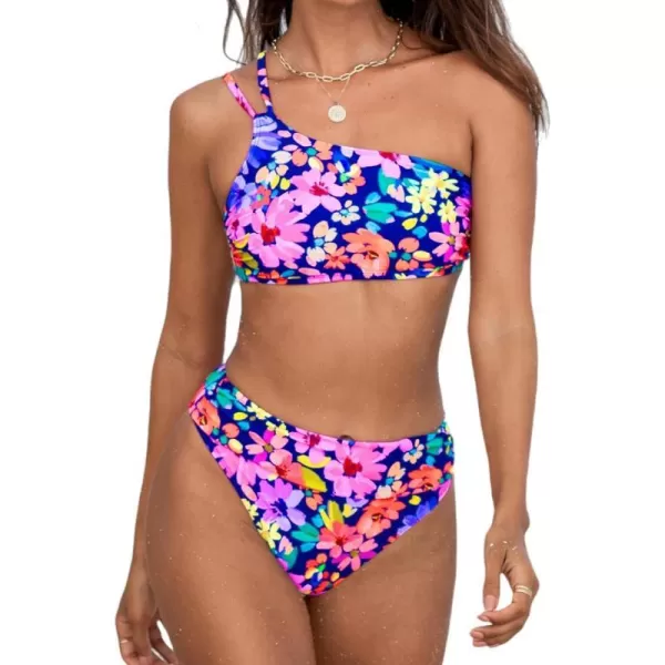 imageCUPSHE Womens Bikini Sets Two Piece One Shoulder Swimsuit High Waisted Cutout Adjustable Strap Ruched Cheeky BottomPinkBlue Floral