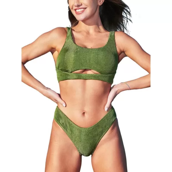 imageCUPSHE Womens Bikini Sets Two Piece Swimsuit Cutout Scoop Neck Crisscross Back Adjustable Straps Cheeky BottomOlive Green