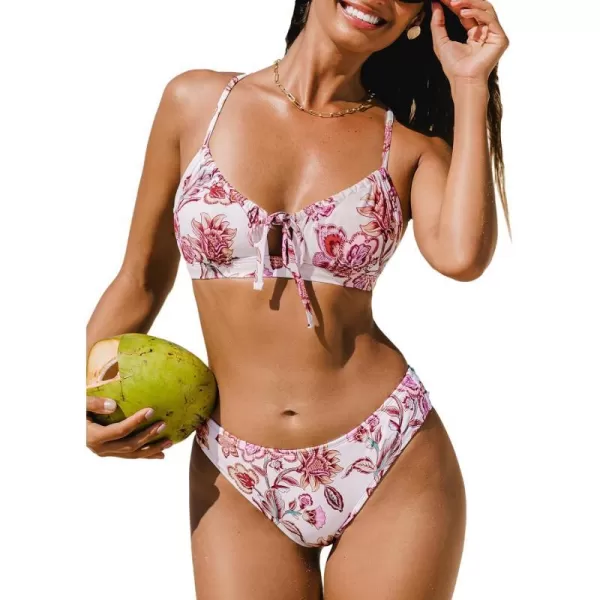 imageCUPSHE Womens Bikini Sets Two Piece Swimsuit Drawstring Scoop Neck Self Tie Swimwear Mid Rise BottomFloral Print