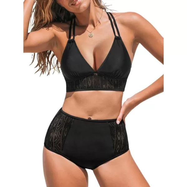 imageCUPSHE Womens Bikini Sets Two Piece Swimsuit High Waisted Bottom V Neck Mesh Retro Cross Back SwimwearBlack