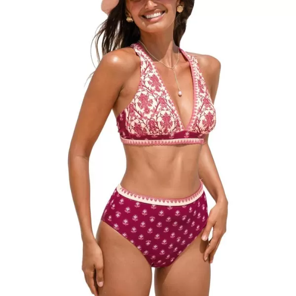 imageCUPSHE Womens Bikini Sets Two Piece Swimsuit High Waisted Crisscross Back Tie Deep V NeckRedEthnic