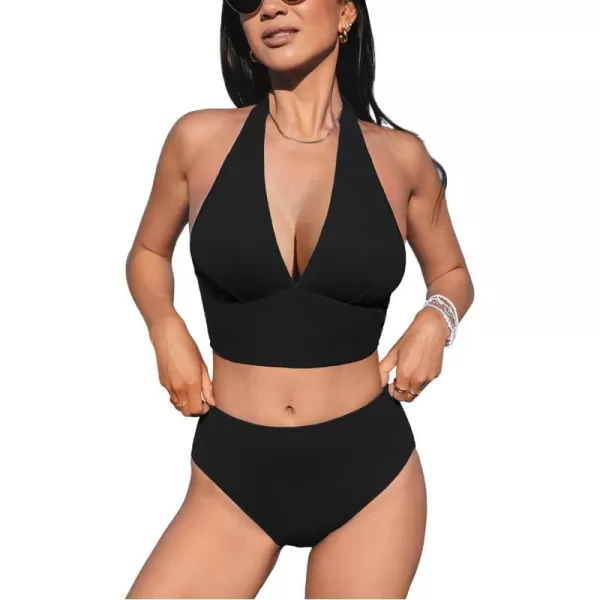 imageCUPSHE Womens Bikini Sets Two Piece Swimsuit High Waisted Halter Back Self Tie V Neck BacklessBlack