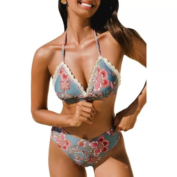 imageCUPSHE Womens Bikini Sets Two Piece Swimsuit High Waisted Halter Triangle Tops V Neck Scalloped CrochetBlue Grey Floral