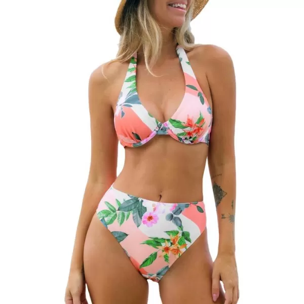 imageCUPSHE Womens Bikini Sets Two Piece Swimsuit High Waisted Halter V Neck Back Self Tie UnderwirePeach PinkFloral