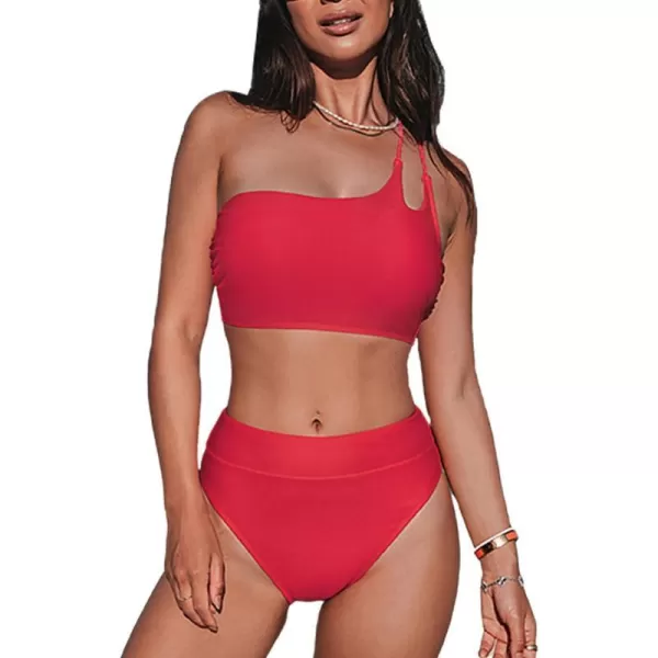 imageCUPSHE Womens Bikini Sets Two Piece Swimsuit High Waisted One Shoulder Back Laceup SwimwearRed