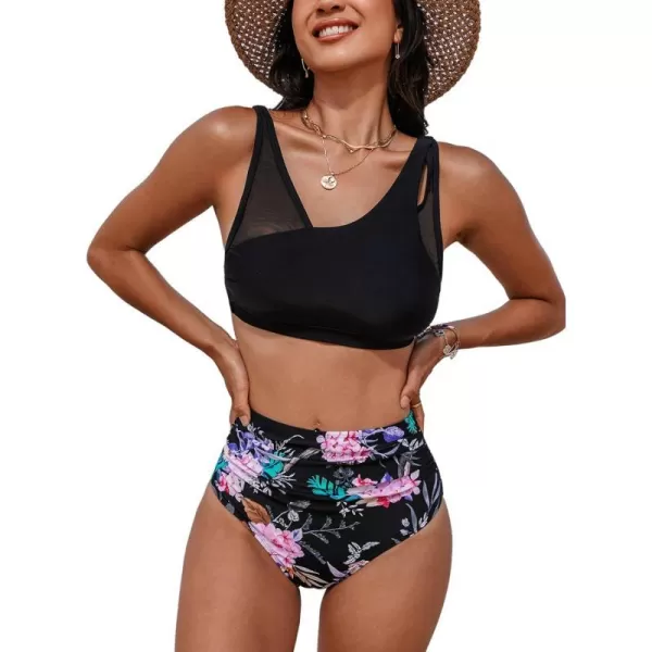 imageCUPSHE Womens Bikini Sets Two Piece Swimsuit High Waisted Ruched Mesh Double Layout Top Adjustable StrapsBlackFloral