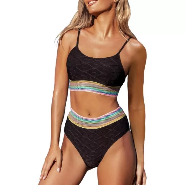 imageCUPSHE Womens Bikini Sets Two Piece Swimsuit High Waisted Scoop Neck Adjustable Straps Colorful StitchingBlack