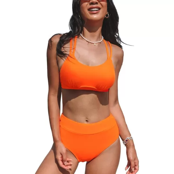 imageCUPSHE Womens Bikini Sets Two Piece Swimsuit High Waisted Scoop Neck Back Strappy Bathing SuitCarrot Orange