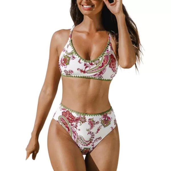 imageCUPSHE Womens Bikini Sets Two Piece Swimsuit High Waisted Scoop Neck Crisscross Back Tie Cheeky BottomBeige Paisley