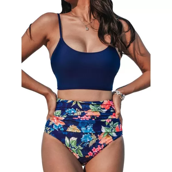 imageCUPSHE Womens Bikini Sets Two Piece Swimsuit High Waisted Scoop Neck Tummy Control Adjustable Straps Ruched BottomNavy BlueFloral