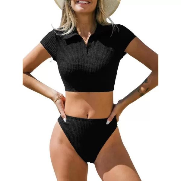imageCUPSHE Womens Bikini Sets Two Piece Swimsuit High Waisted Short Sleeve Collar Textured High Cut Cheeky BottomBlack