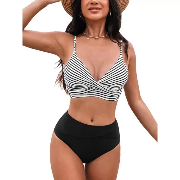 imageCUPSHE Womens Bikini Sets Two Piece Swimsuit High Waisted V Neck Twist Front Adjustable Spaghetti Straps Bathing SuitBlack Stripes