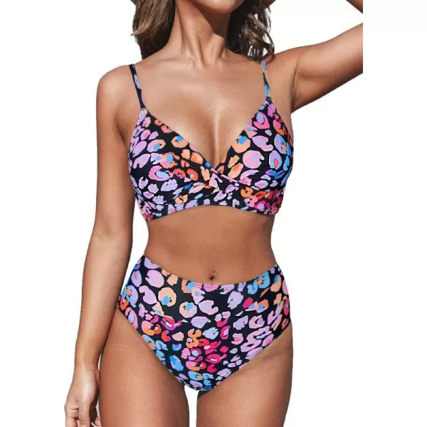 imageCUPSHE Womens Bikini Sets Two Piece Swimsuit High Waisted V Neck Twist Front Adjustable Spaghetti Straps Bathing SuitPink Leopard