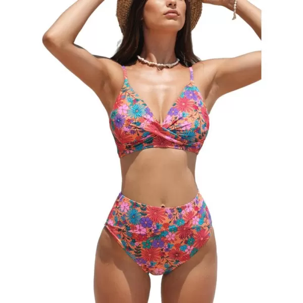 imageCUPSHE Womens Bikini Sets Two Piece Swimsuit High Waisted V Neck Twist Front Adjustable Spaghetti Straps Bathing SuitPinkOrange Floral