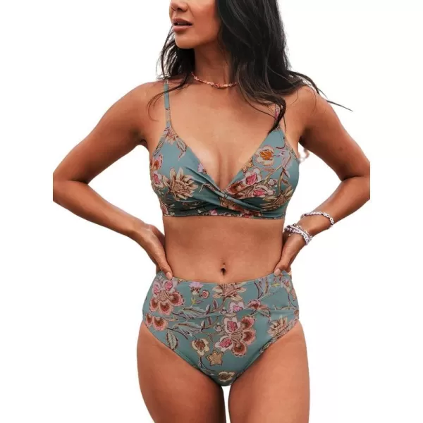 imageCUPSHE Womens Bikini Sets Two Piece Swimsuit High Waisted V Neck Twist Front Adjustable Spaghetti Straps Bathing SuitRed Floral