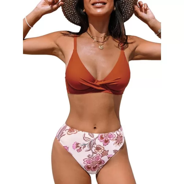 imageCUPSHE Womens Bikini Sets Two Piece Swimsuit High Waisted V Neck Twist Underwire Back HookBrownPink Floral