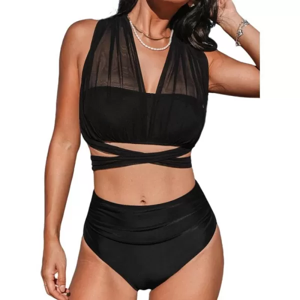 imageCUPSHE Womens Bikini Sets Two Piece Swimsuit High Waisted V Neck Wrapped Tie Push Up Underwire Bathing SuitBlack