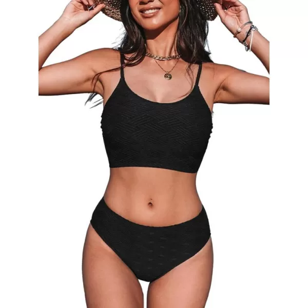 imageCUPSHE Womens Bikini Sets Two Piece Swimsuit Mid Rise Bottom Scoop Neck Tank Top Textured SwimwearBlack