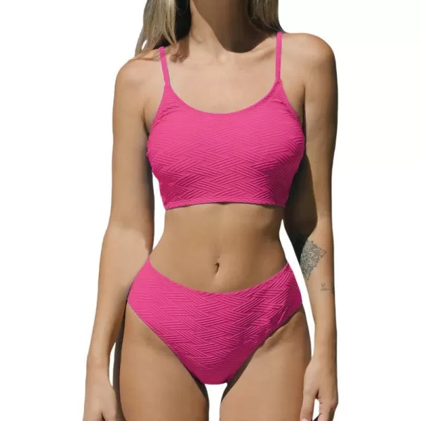 imageCUPSHE Womens Bikini Sets Two Piece Swimsuit Mid Rise Bottom Scoop Neck Tank Top Textured SwimwearHot Pink