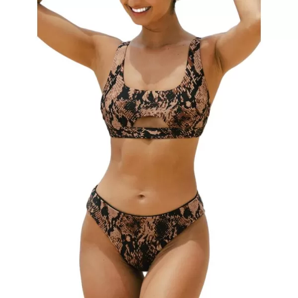 imageCUPSHE Womens Bikini Sets Two Piece Swimsuit Mid Rise Square Neck Cutout Back Hook Reversible BottomBrownAnimal