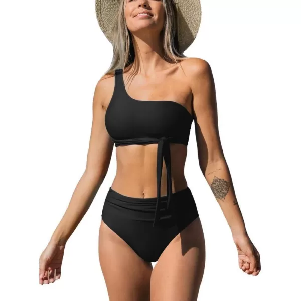 imageCUPSHE Womens Bikini Sets Two Piece Swimsuit One Shoulder High Waisted Wrap Tie Ruched BottomBlack