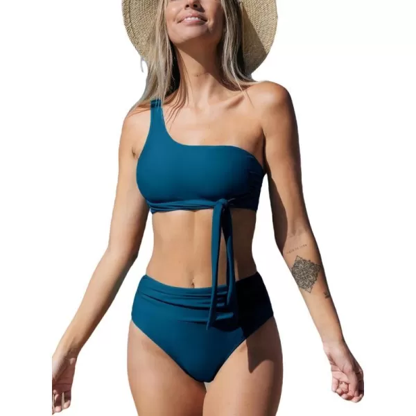 imageCUPSHE Womens Bikini Sets Two Piece Swimsuit One Shoulder High Waisted Wrap Tie Ruched BottomDark Steel Blue