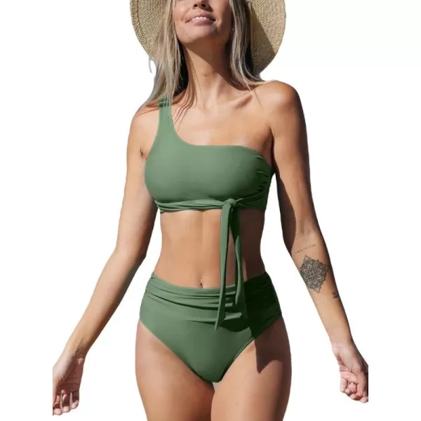 imageCUPSHE Womens Bikini Sets Two Piece Swimsuit One Shoulder High Waisted Wrap Tie Ruched BottomSage Green