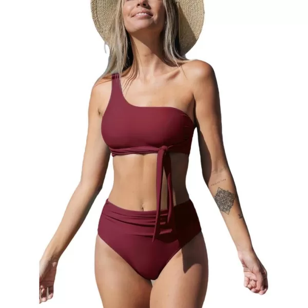 imageCUPSHE Womens Bikini Sets Two Piece Swimsuit One Shoulder High Waisted Wrap Tie Ruched BottomWine Red