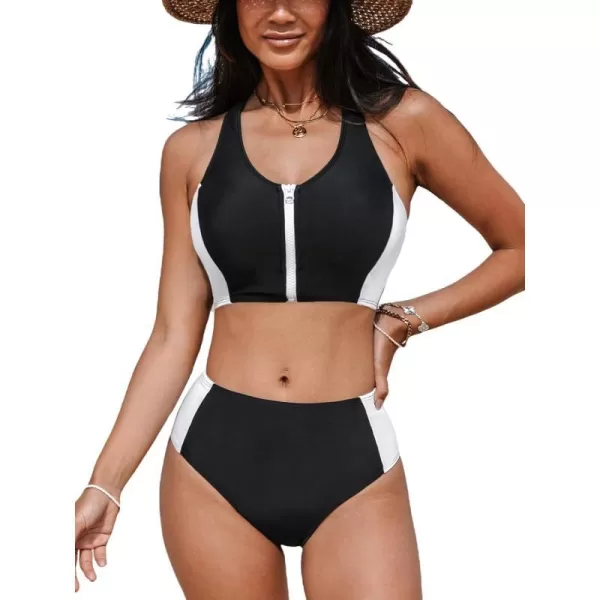 imageCUPSHE Womens Bikini Sets Two Piece Swimsuit Round Neck High Waisted Zipper TSharp Top Color BlockBlackWhite