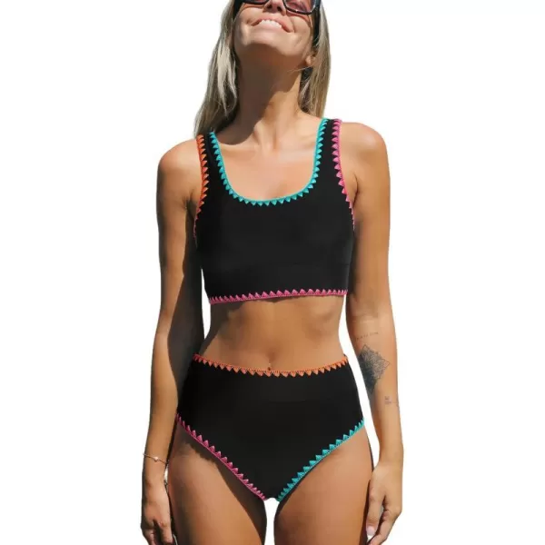 imageCUPSHE Womens Bikini Sets Two Piece Swimsuit Scoop Neck Tank Wide Straps Midkini StitchingBlack