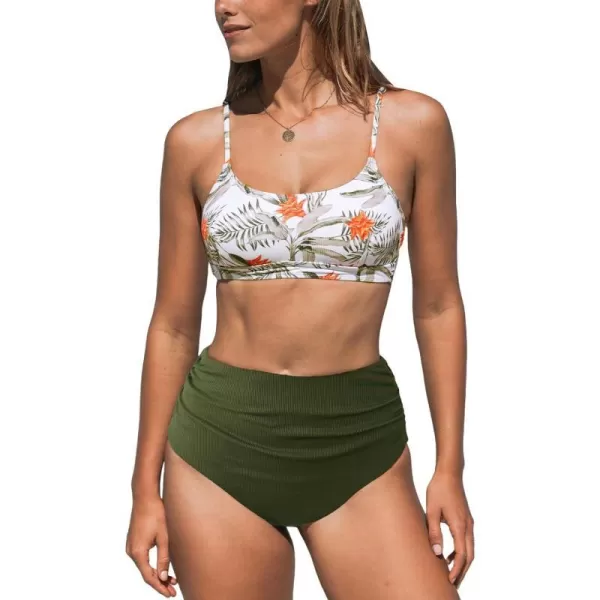 imageCUPSHE Womens Bikini Sets Two Piece Swimsuit Shirred High Waisted Reversible Bottom Scoop Neck SwimwearArmy Green Tropical