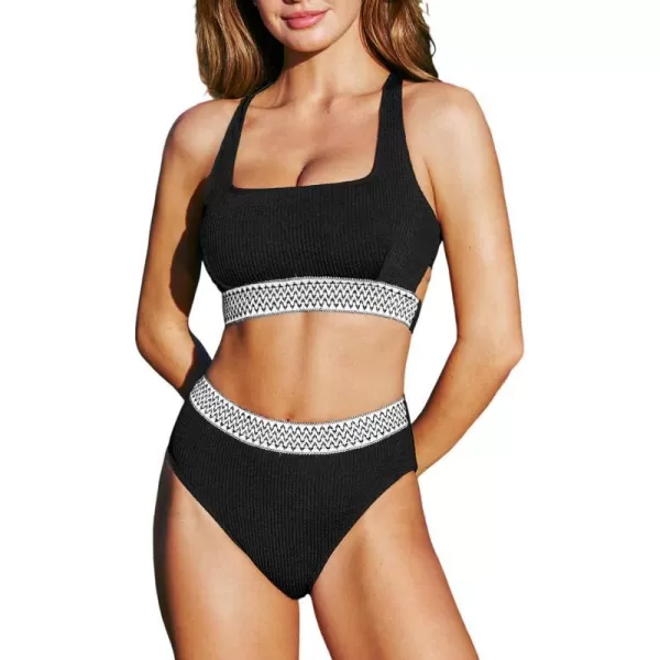imageCUPSHE Womens Bikini Sets Two Piece Swimsuit Square Neck Crisscross Back Tie Mid Rise RibbedBlackWhite