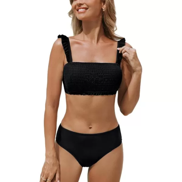 imageCUPSHE Womens Bikini Sets Two Piece Swimsuit Square Neck Smocked Back Tie Bathing Suit Mid Rise SwimwarBlack