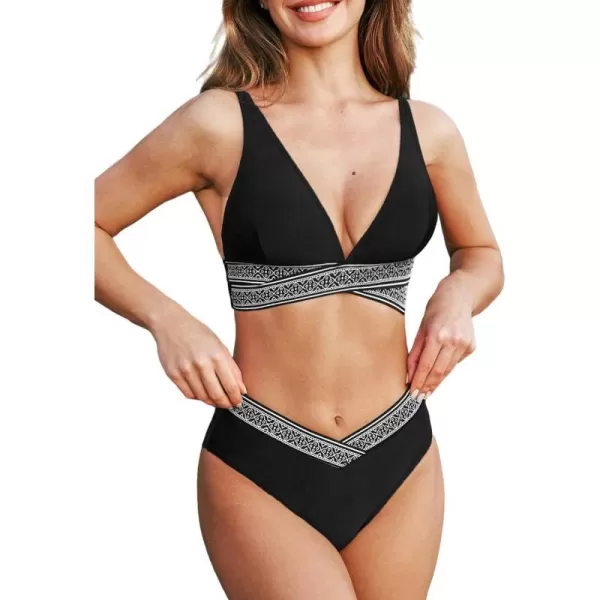 imageCUPSHE Womens Bikini Sets Two Piece Swimsuit V Neck Boho Banded Swimwear Mid Rise V Cut BottomBlack